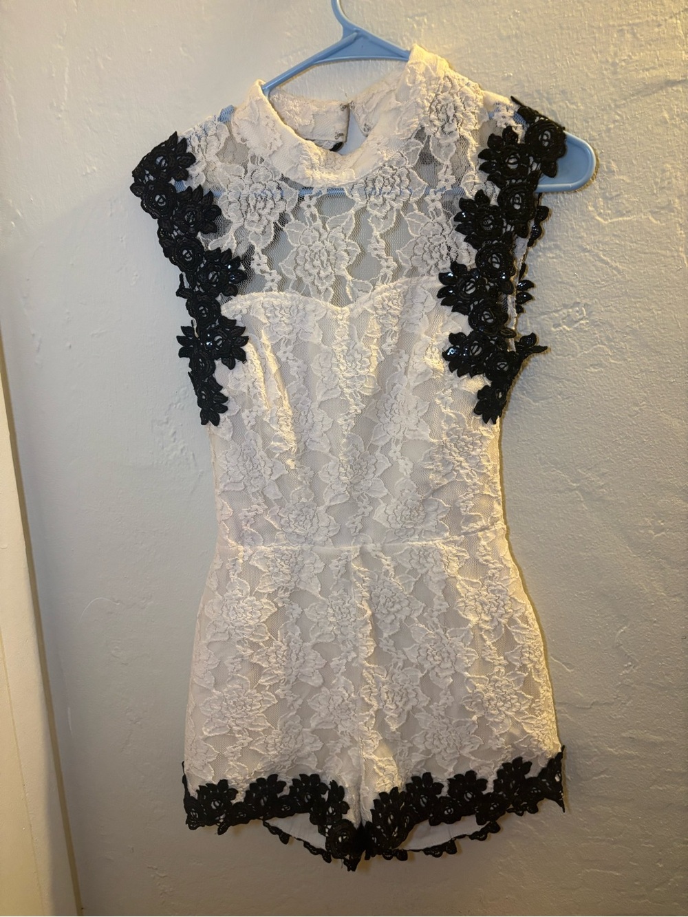 Lace Appliqué Sleeveless Romper Dress - White with Black Accents